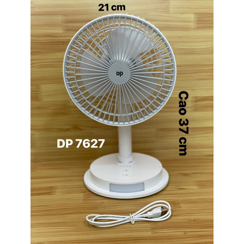 Quạt sạc tích điện kèm đèn led siêu mát, có 3 tốc độ gió, loại lớn DP 7627 - hàng chính hãng
