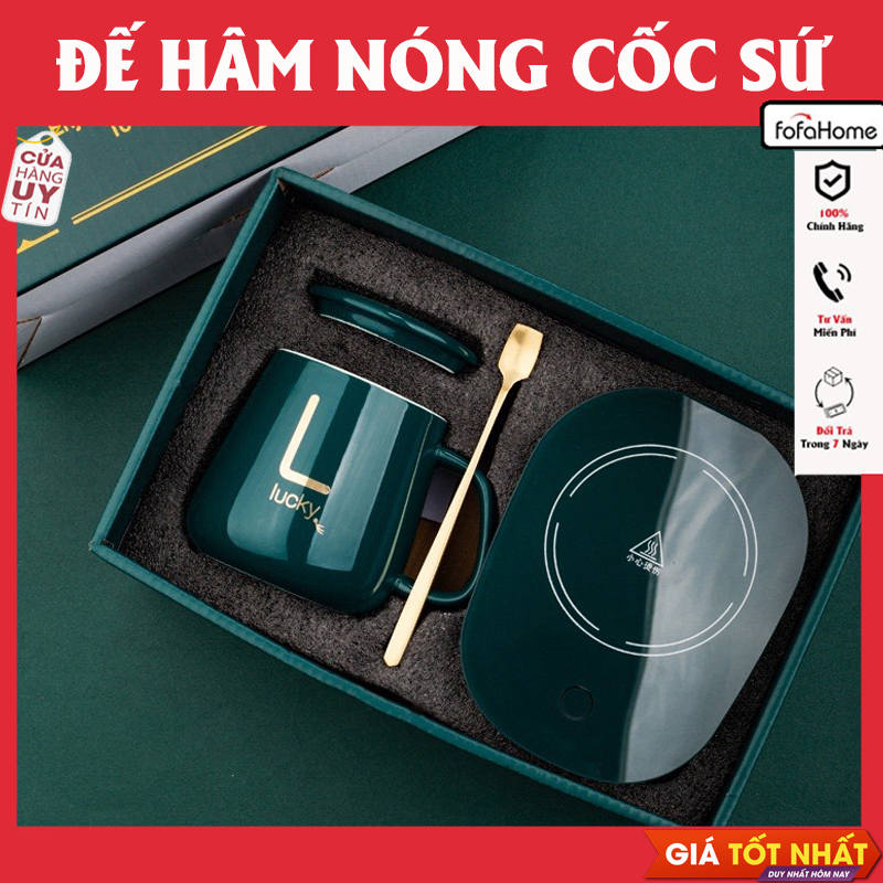 Cốc Hâm Nóng Đồ Uống Kèm Đế Điện, Bộ Ly Sứ Kèm Đế Điện Hâm Nóng Trà, Cafe, Hâm Sữa Kèm Thìa Vàng, Hộp Sang Trọng Giao Màu Ngẫu Nhiên