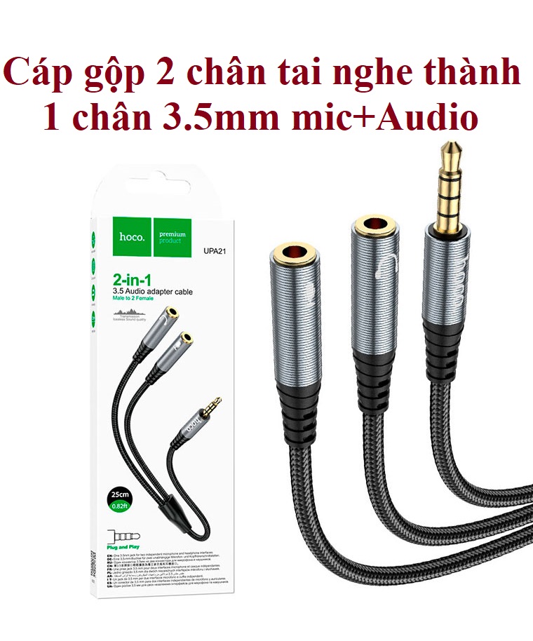 Cáp gộp 2 chân tai nghe thành 1 chân 3.5mm Mic + audio cho điện thoại máy tính hoco UPA21 2in1 (25cm) _  Hàng chính hãng