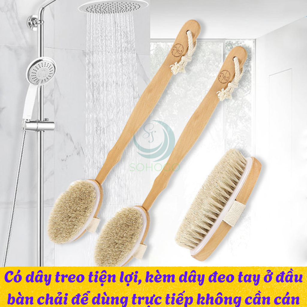 Bàn chải tắm cán dài bằng gỗ tự nhiên - Bàn chải massage cơ thể cao cấp - Cọ tắm khô &amp; ướt cán dài tiện lợi - Bàn chải chà lưng chống tế bào chết - Bàn chải tắm toàn thân spa tại nhà