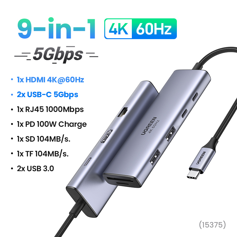 Hub USB-C 9 in 1 Ugreen 15375 CM498 HDMI 4K 60Hz, RJ45 1Gbps, USB 3.0, SD TF with PD 100W hàng chính hãng