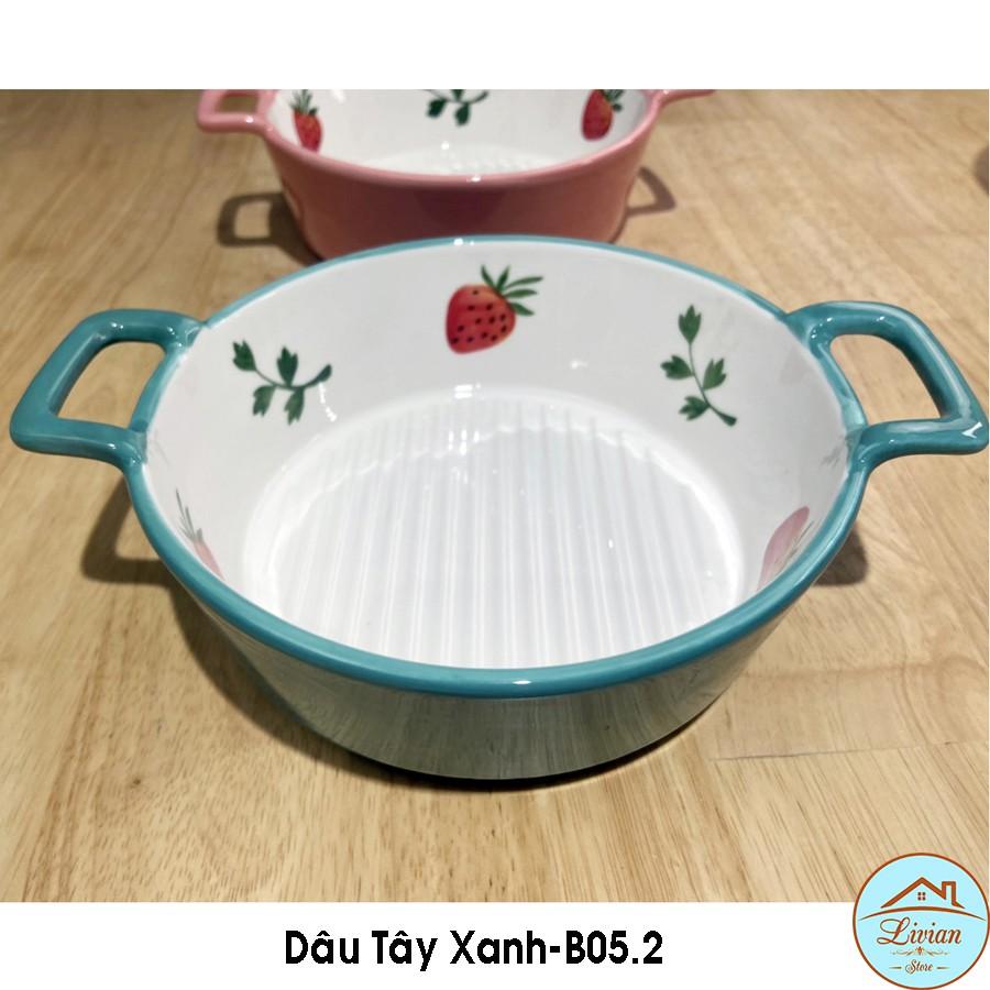 Bát nướng tròn, thố nướng chữ nhật có tay cầm họa tiết dâu tây