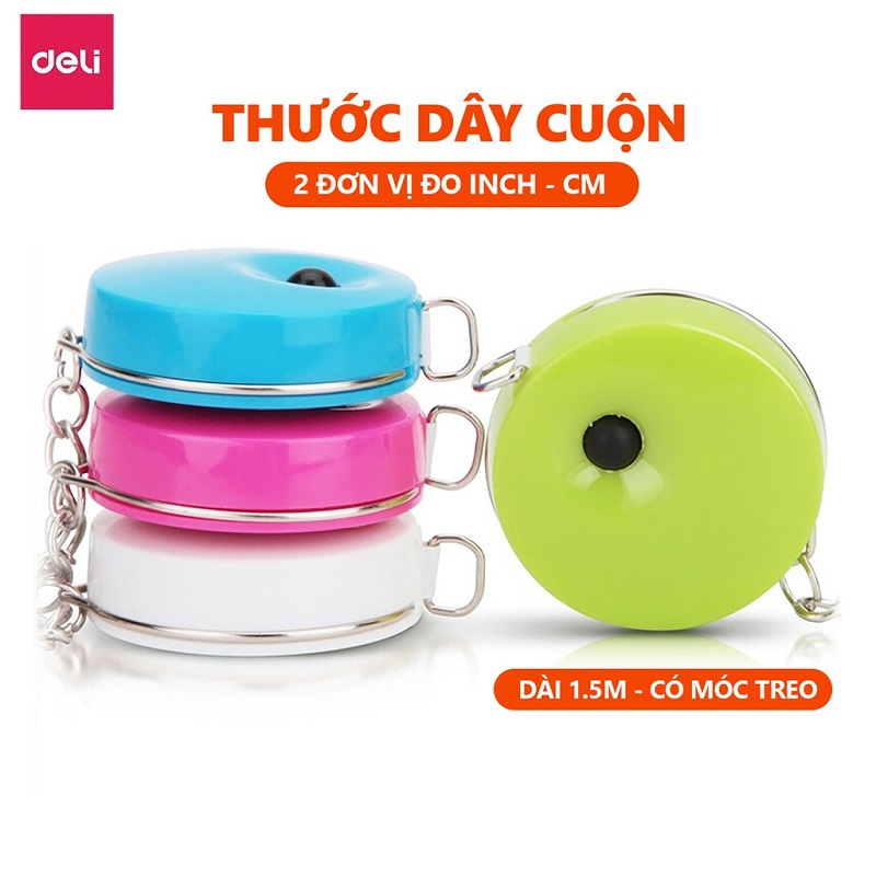 Thước dây cuộn tự động, móc chìa khoá Deli mã 8214 - Dài 1.5m - Thiết kế nhỏ gọn, đáng yêu - 1 chiếc màu ngẫu nhiên