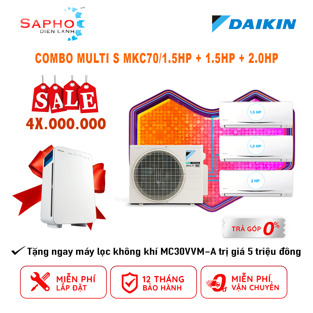 Hệ Thống Máy Lạnh Multi S Daikin Inverter Combo MKC70SVMV/CTKC35RVMV+CTKC35RVMV+CTKC50RVMV Gas R32 Treo Tường 1 Chiều Lạnh Hàng Chính Hãng - Chỉ giao tại HCM