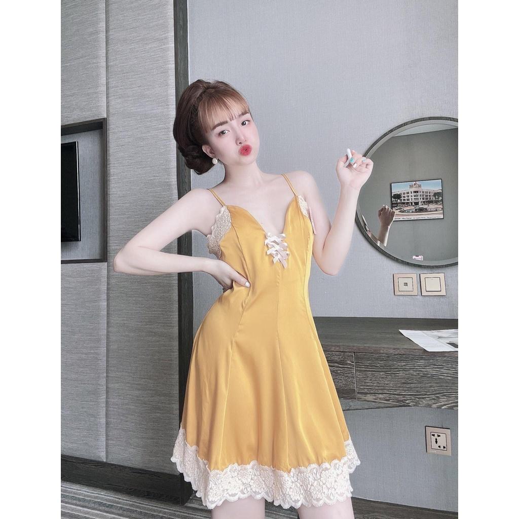 Váy ngủ 2 dây gợi cảm - Đầm ngủ sexy phối ren kèm quần dây thắt nơ trước ngực
