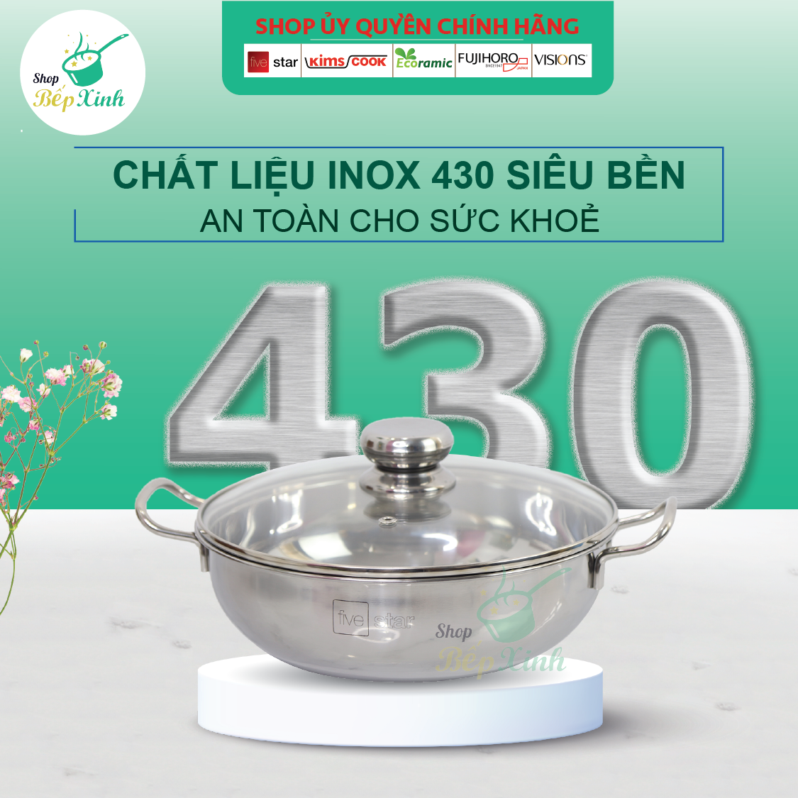 Nồi lẩu 3 đáy inox 430 Fivestar sử dụng bếp từ nắp kính tặng 2 vá canh