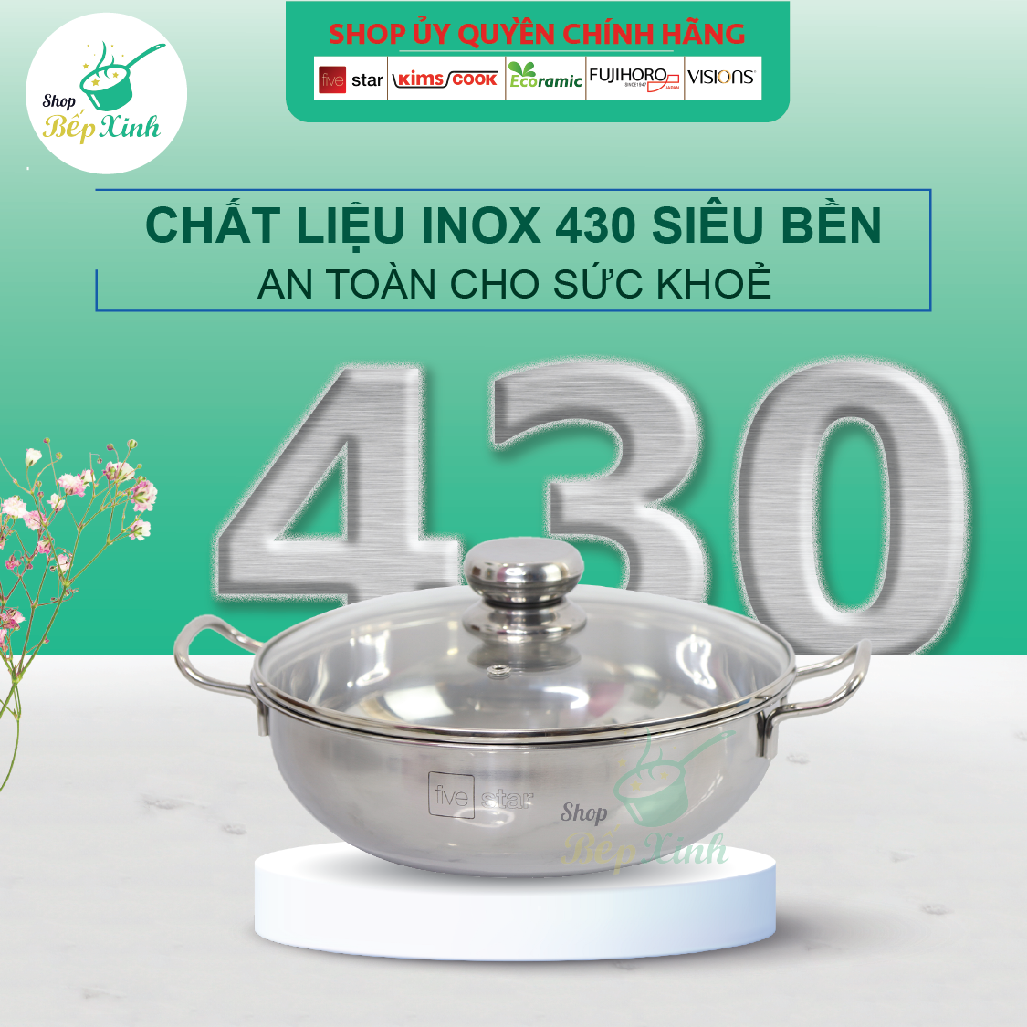 Nồi lẩu 3 đáy inox 430 Fivestar sử dụng bếp từ nắp kính tặng 2 vá canh ( 24cm / 26cm / 28cm )