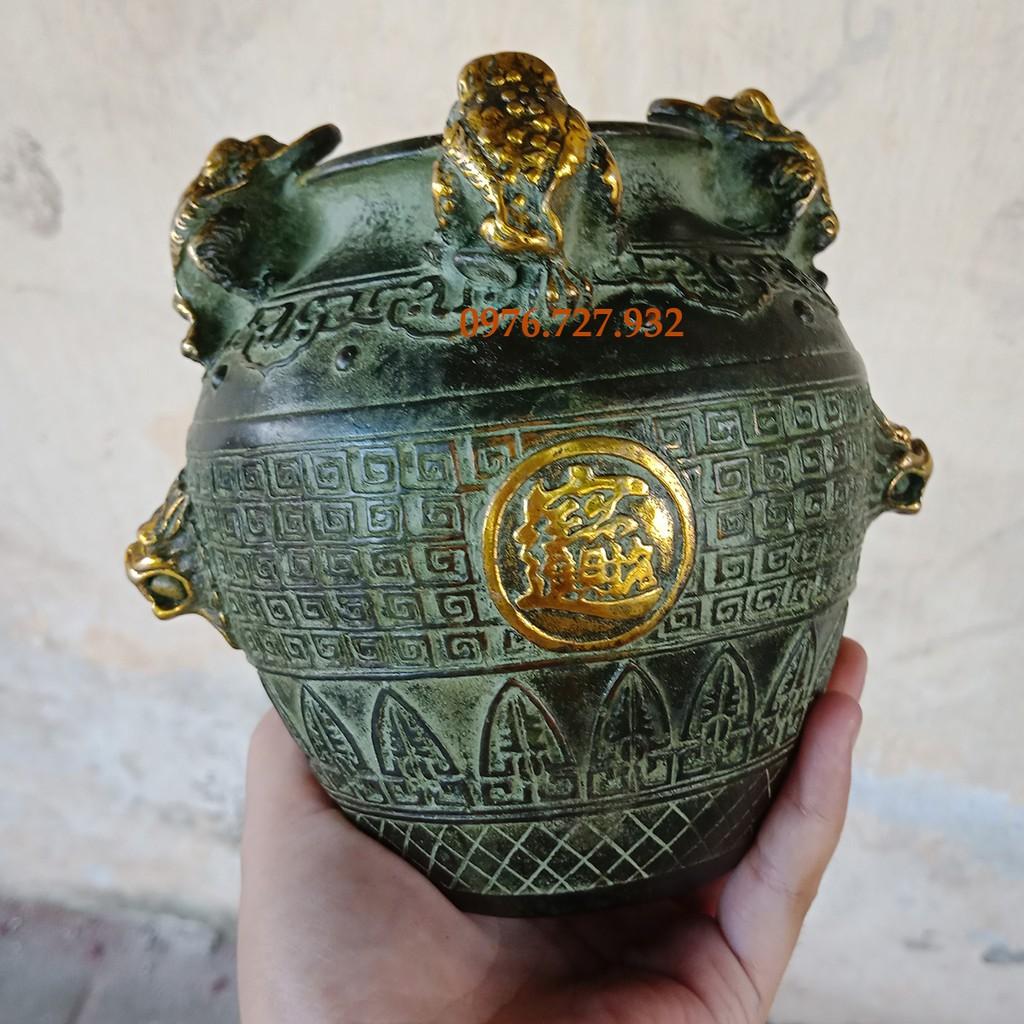 Hũ chiêu tài 4 cóc màu xanh giả cổ, kích thước 14x12cm, hũ đồng 4 cóc, giá bán hũ chiêu tài