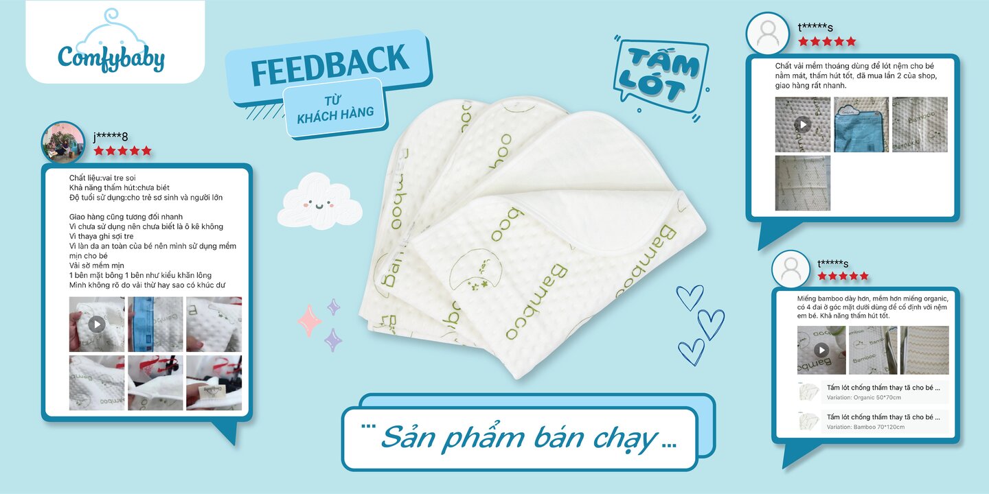 Tấm lót chống thấm thay tã cho bé 4 lớp 100% Sợi Tre Bamboo / Organic cotton thoáng khí, chống thấm nước Comfybaby