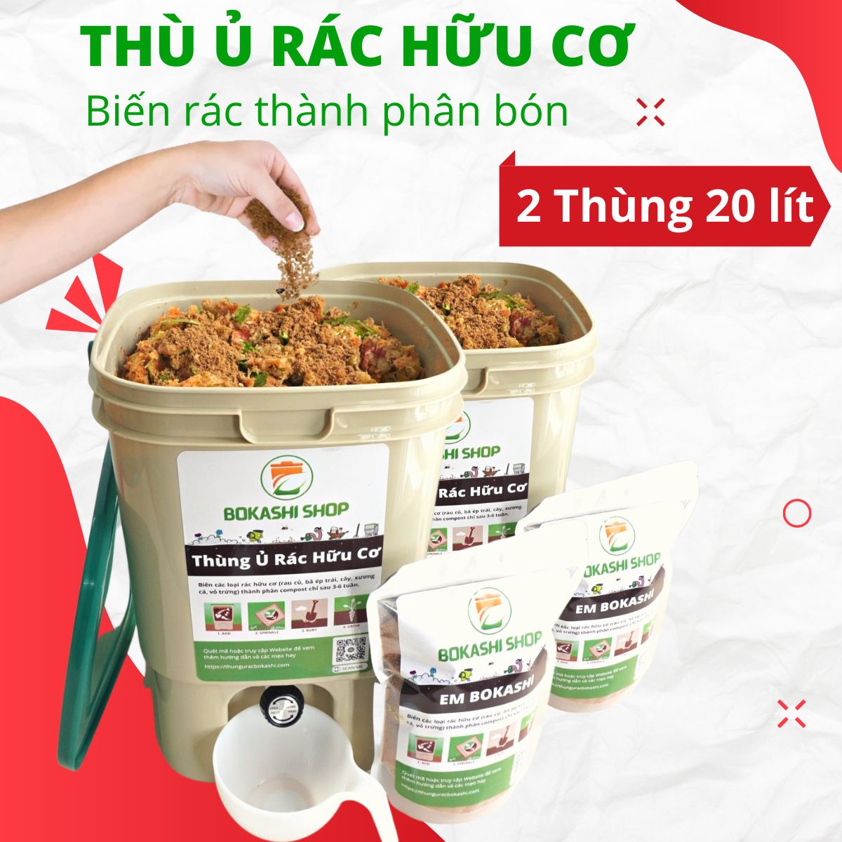 COMBO 2 Thùng Ủ Rác Hữu Cơ EM Bokashi 20L - Thùng Dầy, Kín Mùi, Sạch Sẽ [Tặng Phụ Kiện + 2kg EM)