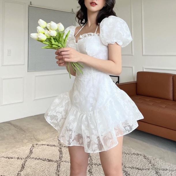 Đầm váy thiết kế ren mềm lót lụa mút ngực xoè tầng trễ vai cổ vuông tay phồng đi biển dự tiệc dạo phố bigsize gợi cảm