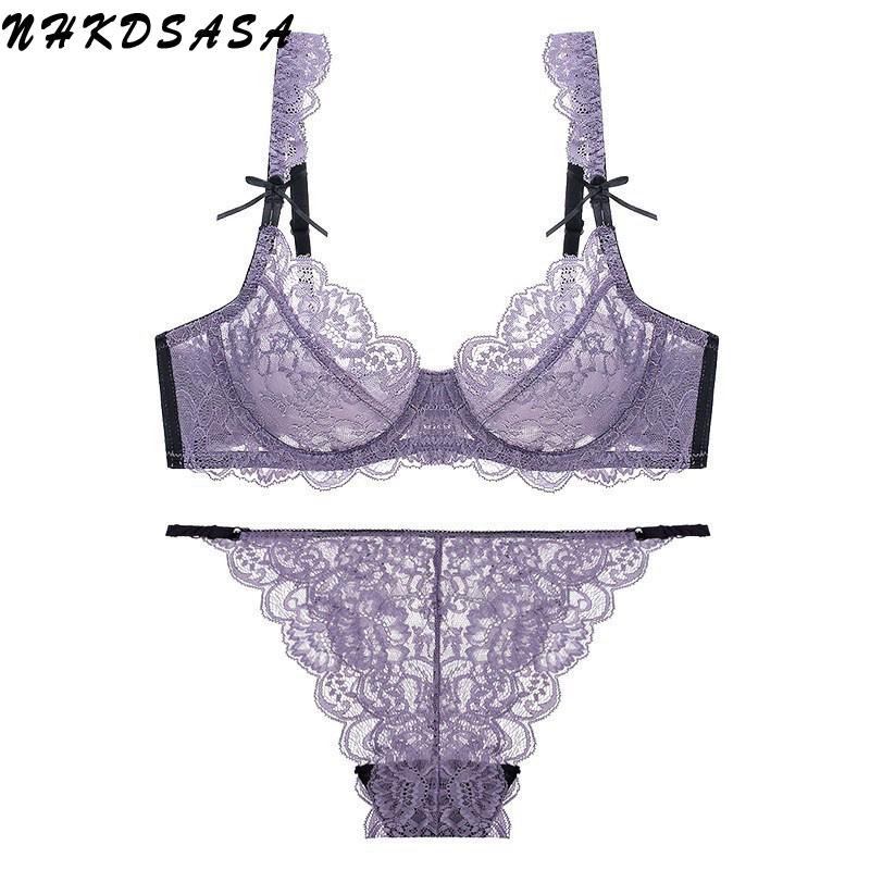 2020 Mới Bán Bộ Đồ Lót Ren Gợi Cảm Nữ Ren Áo Ngực Và Quần Lót Siêu Mỏng Sọc Push Up Size Lớn Trong Suốt quần Lót 85E 95D