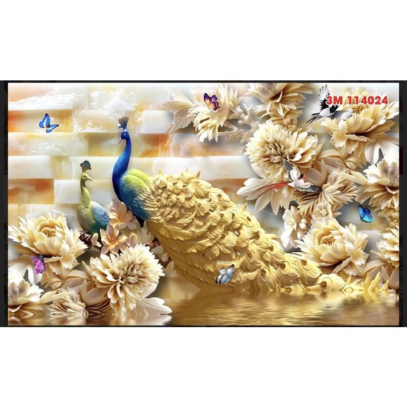 Tranh phong thuỷ chim công 3d dán tường. tranh in vải lụa kèm keo