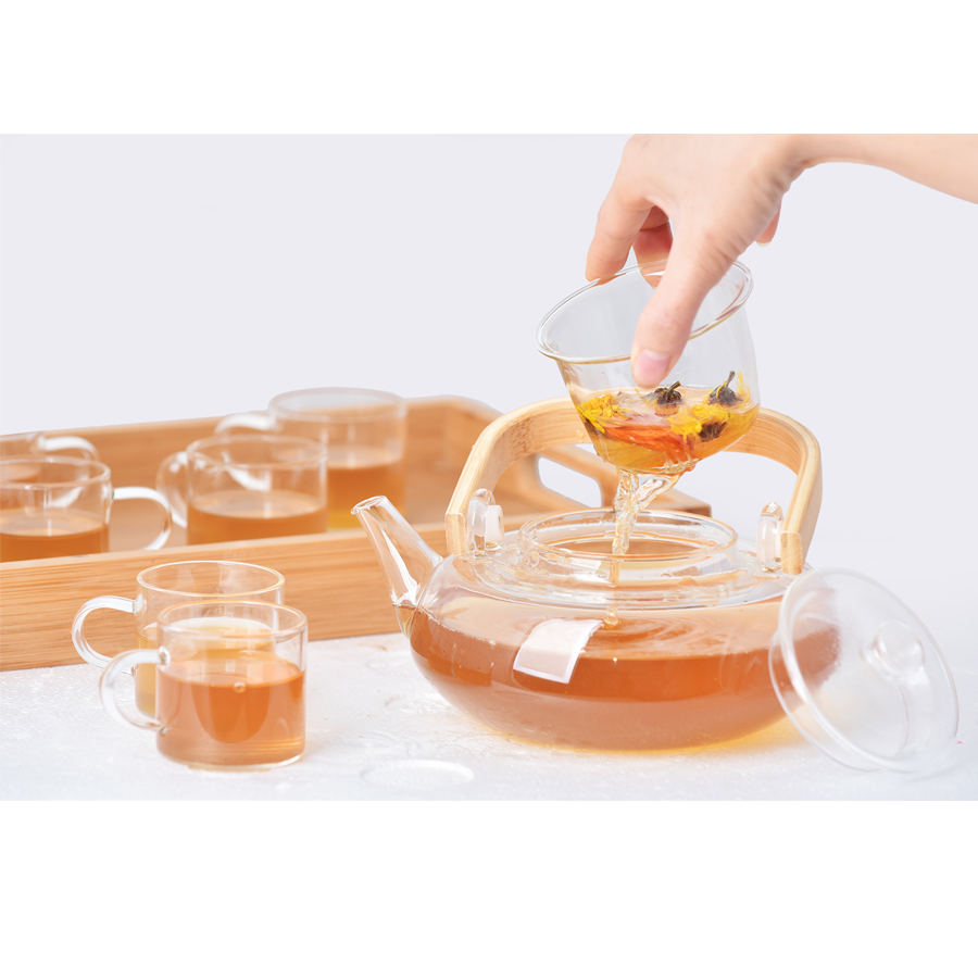 Bộ Ấm Thủy Tinh Chịu Nhiệt Quai Gỗ Cao Cấp Kèm 6 Chén Và Khay Sang Trọng
