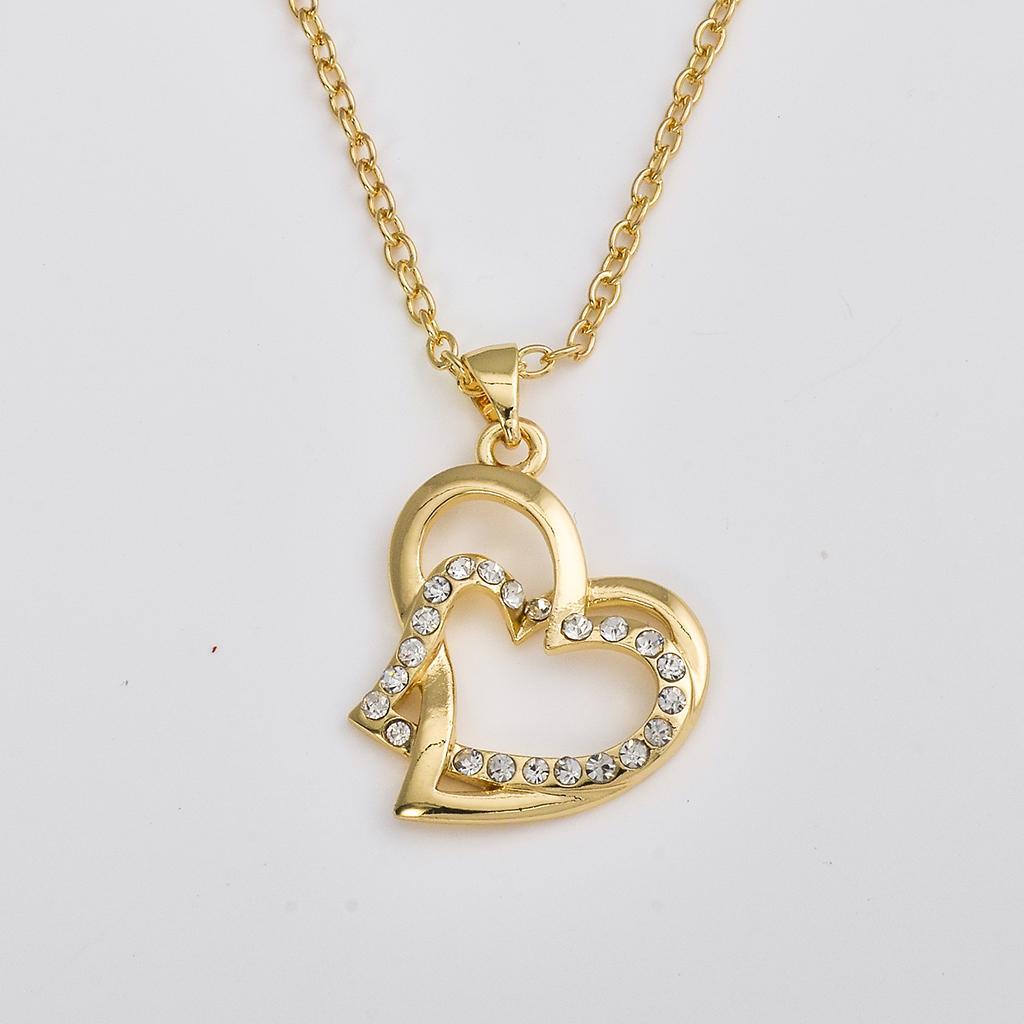 New Bridal Double Heart pendant Crystal Necklace Clavicle Chain Jewelry Gold
