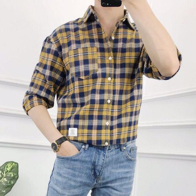 Áo sơ mi nam dài tay sọc caro đôi nổi phối màu