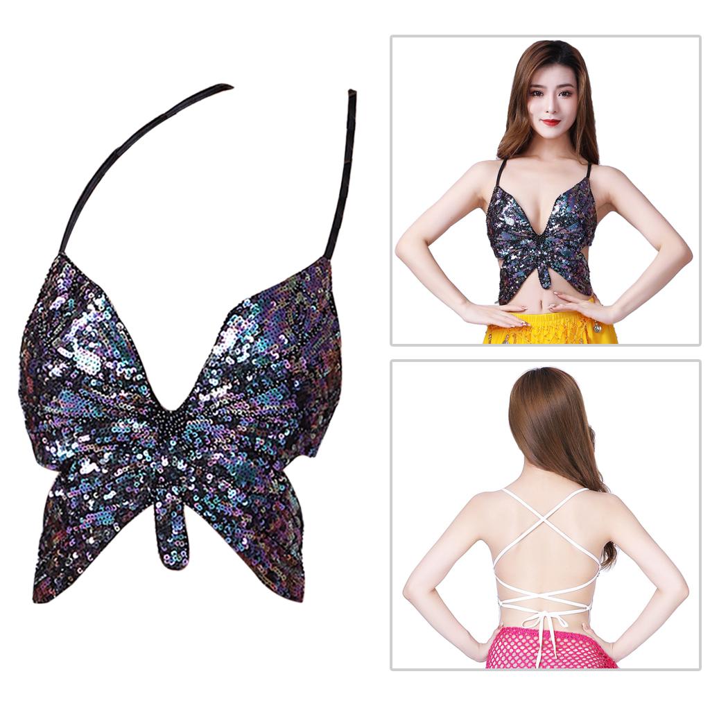 Womens Glitter Belly Dance Bra Sequin Butterfly Halter Crop Top Sexy Latin Sequins Costume Tribal Festival Party Club Wear