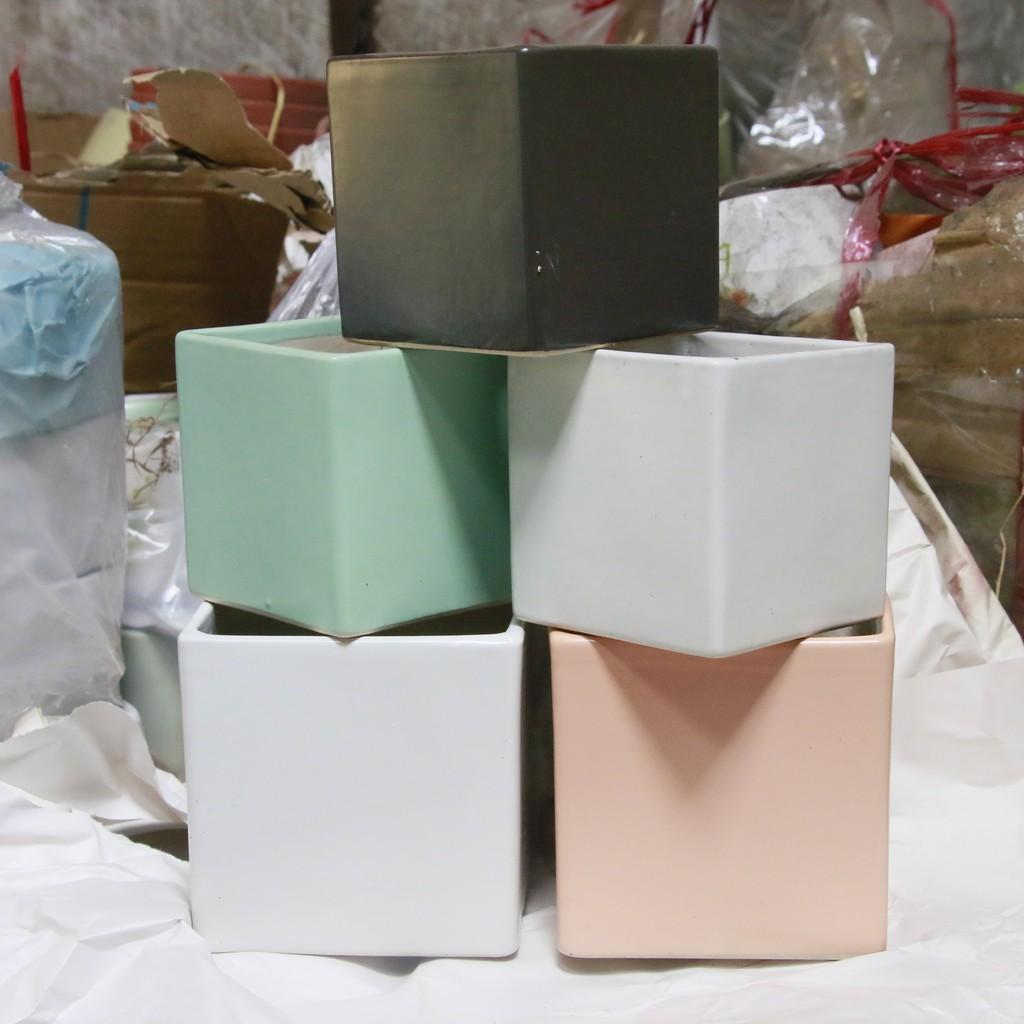 Chậu gốm trụ vuông 2 size trồng cây để bàn xinh xắn