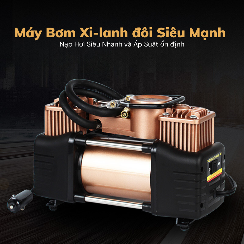 Bộ Bơm Lốp Ô Tô, Xe Hơi 2 Xi Lanh Công suất lớn,thiết kế mạ đồng Siêu Bền.Kèm Hộp và dụng Vá sửa chữa khẩn cấp