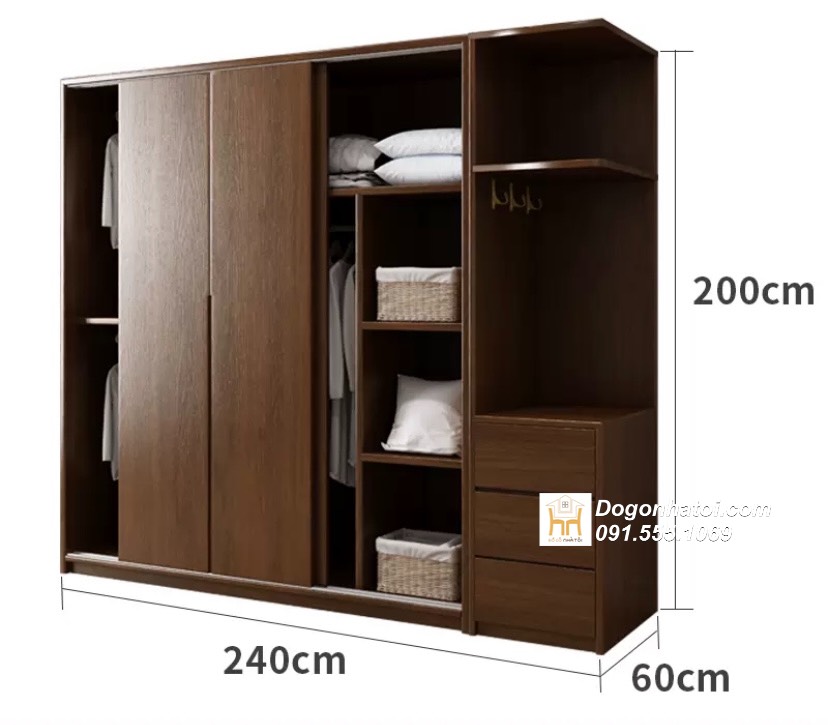 Tủ quần áo của lùa 3 cánh gỗ sồi màu óc chó 2m x 2m - TA230 (4.200k/m2)