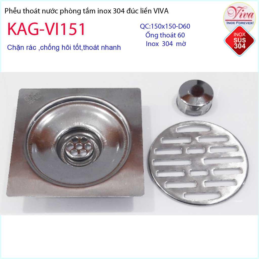 Phễu thoát sàn Viva 15x15 cm KAG-VI151 ống thoát 60mm chống mùi hôi inox 304, thoát sàn inox đúc dày thoát nước nhanh ch