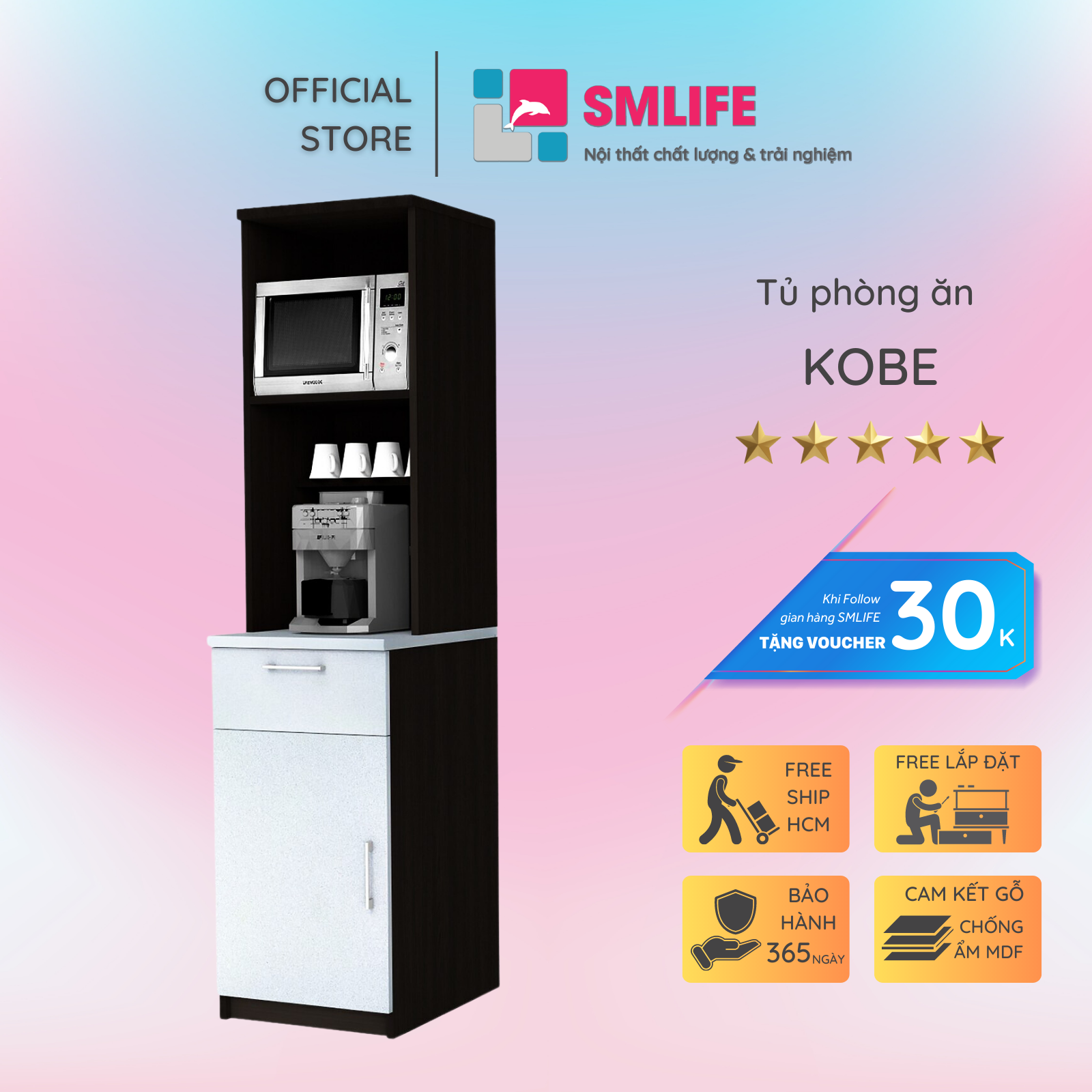 Kệ gỗ nhà bếp hiện đại SMLIFE Kobe | Gỗ MDF dày 17mm chống ẩm | D45xR60xC190cm