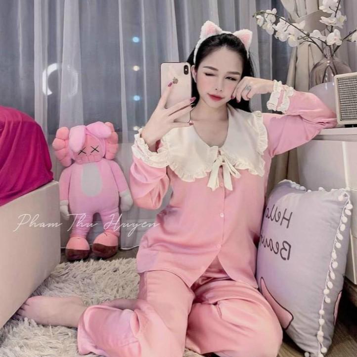 Freeship Bộ lụa Pijama - Bộ Lụa Tay Dài Tiểu Thư Cổ Phối Bèo Nơ