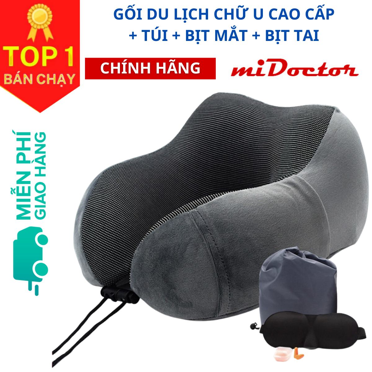 Gối Ngủ Văn Phòng Du Lịch + Kèm Bịt Mắt, Bịt Tai – Gối Ngủ Chữ U Chất Liệu Memory Foam Chính Hãng miDoctor