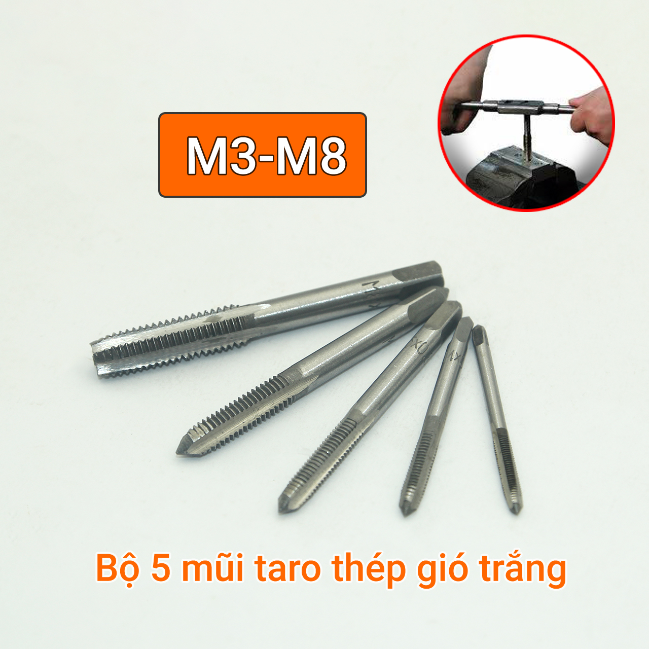 Bộ 5 mũi taro tay M3-M8 thép gió trắng