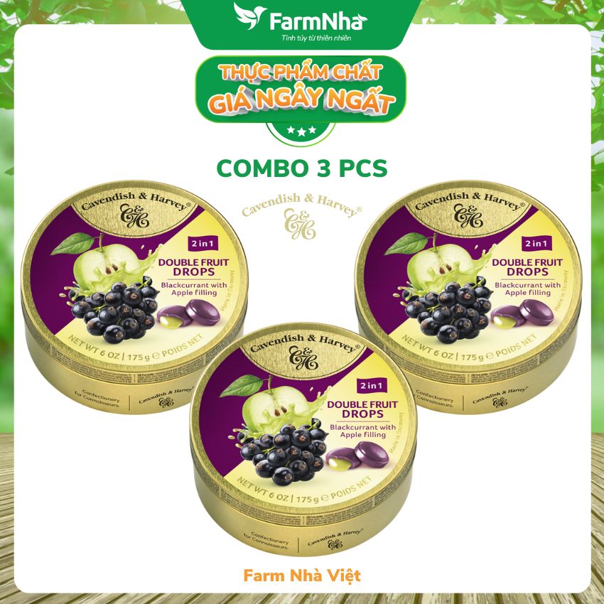 (Combo 3 hộp) Kẹo trái cây Cavendish &amp; Harvey vị BLACKCURRANT WITH APPLE FILLING 175gr nhân siro - Vị ngon tự nhiên tuyệt vời từ Đức