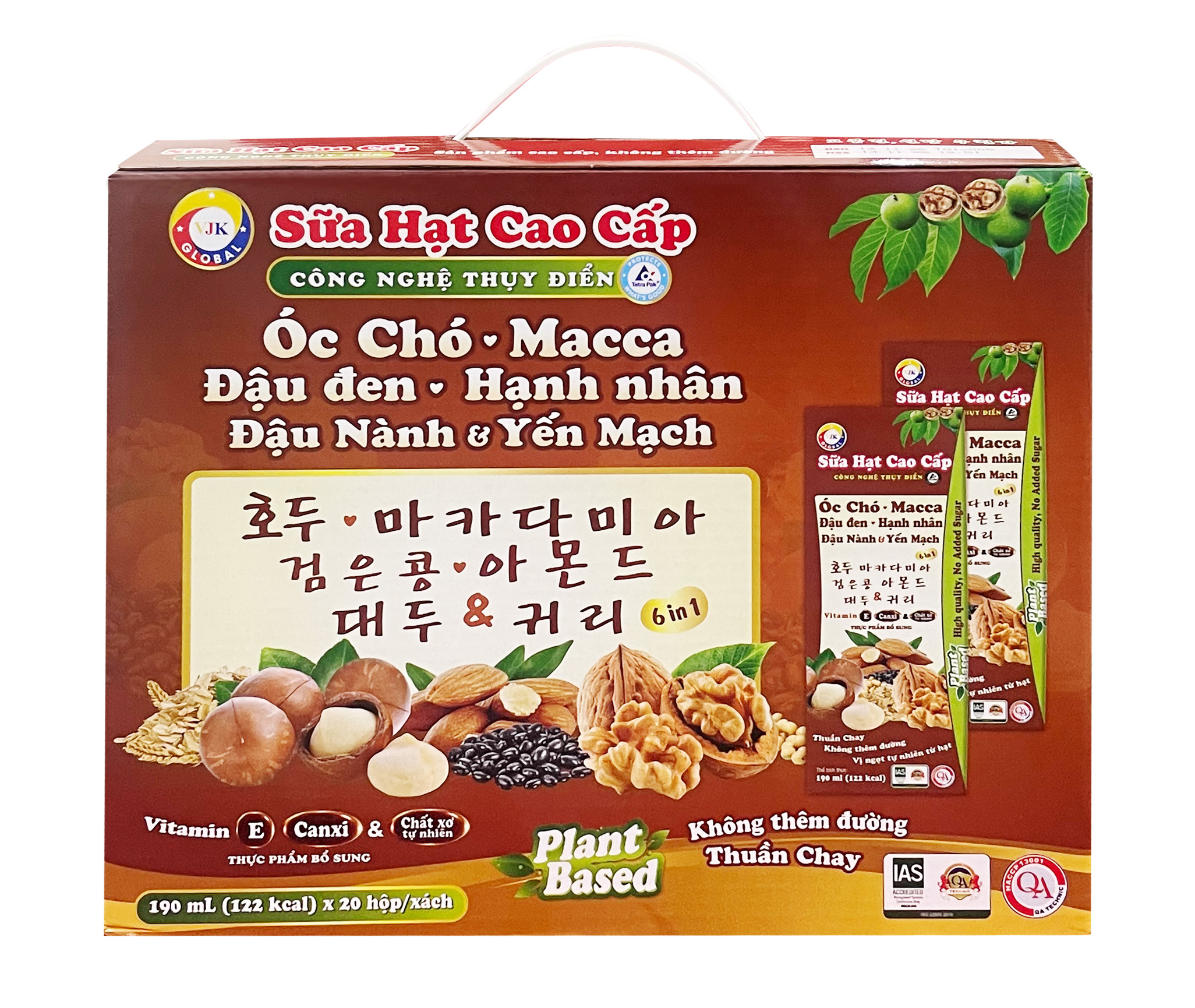 Sữa hạt cao cấp Óc chó - Macca - Đậu Đen - Hạnh Nhân - Đậu Nành &amp; Yến Mạch không thêm đường 190ml (20 hộp/Xách)