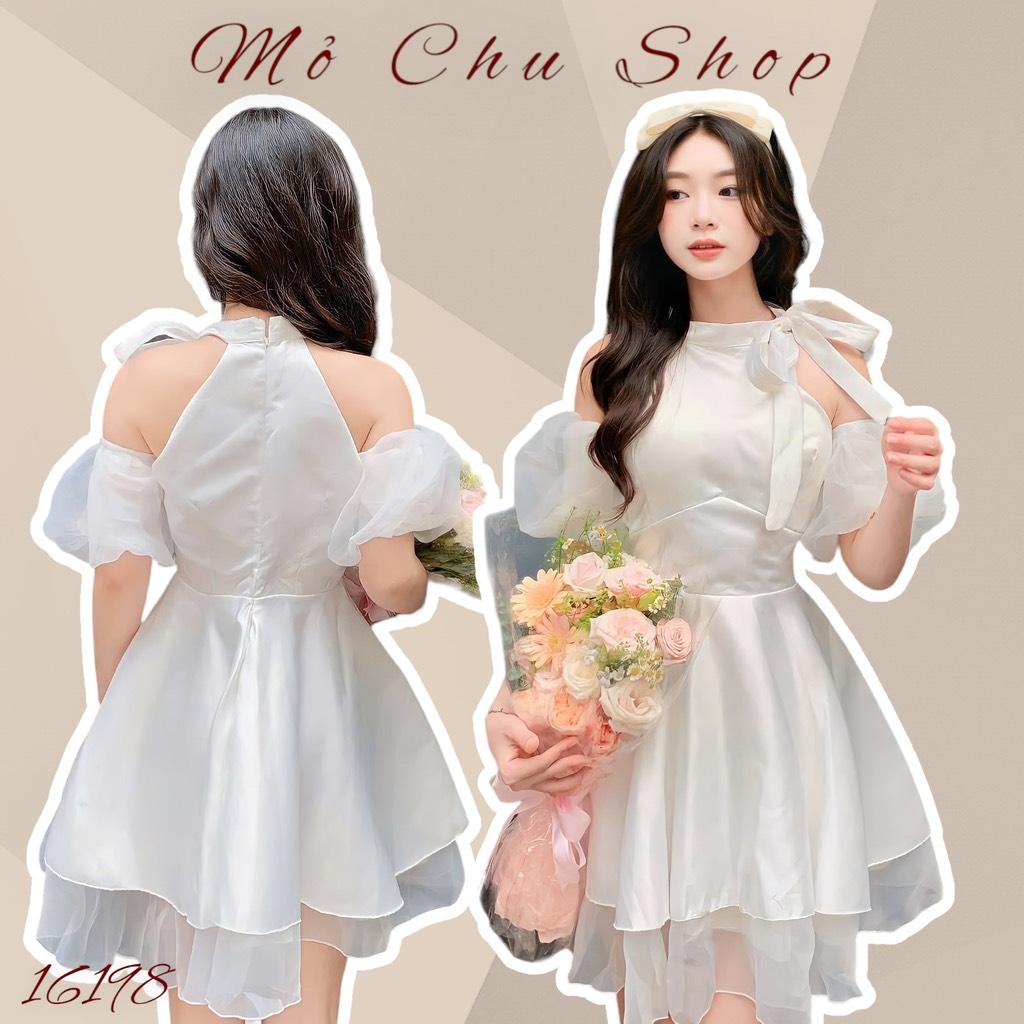Đầm xòe tầng khoét vai cột nơ tay phồng