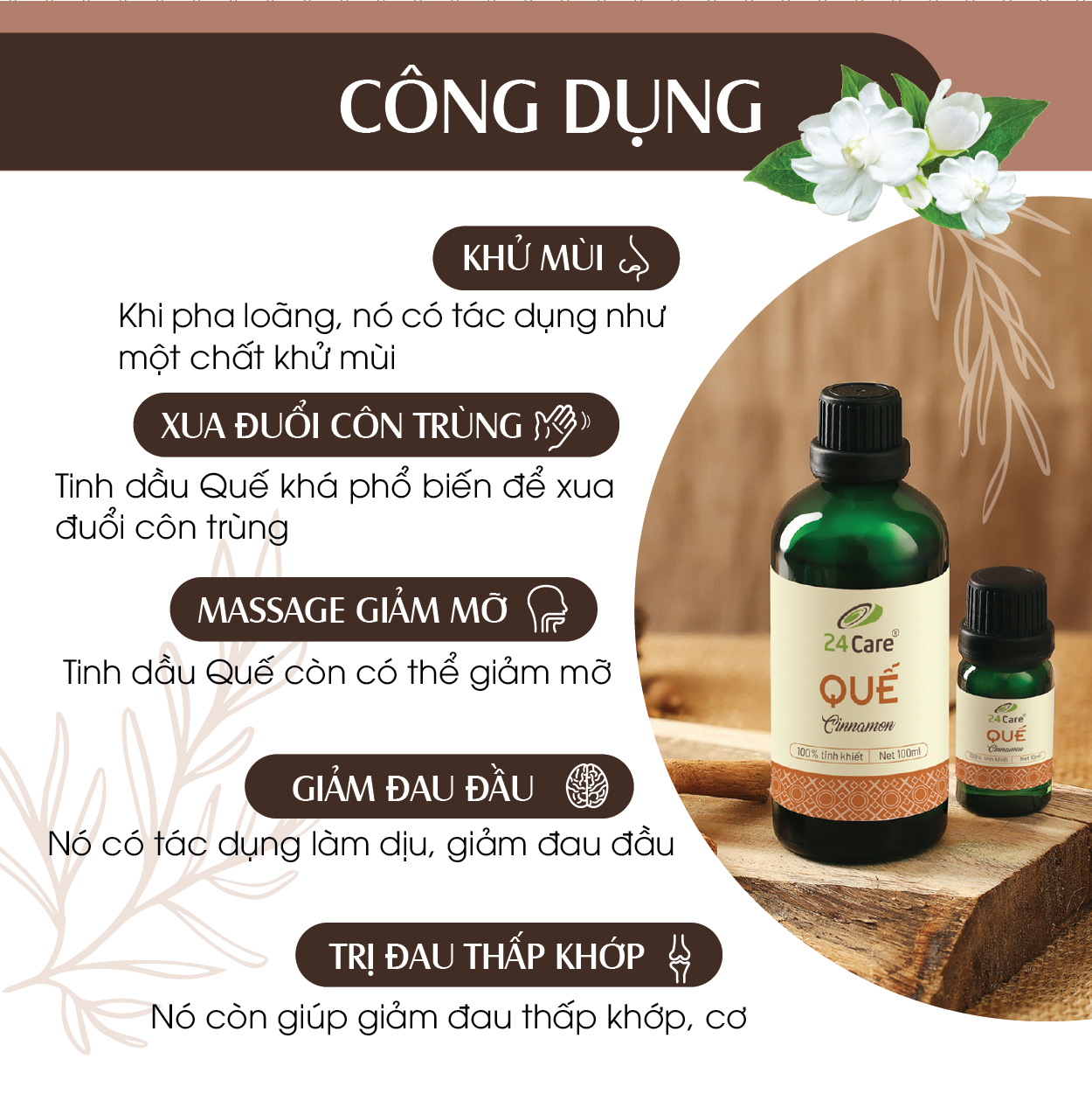 Tinh Dầu Vỏ Quế Nguyên Chất 24Care - Tinh Dầu Xông Thơm Phòng, Thư Giãn, Khử Mùi - Tinh dầu Sả Chanh/ Bạc Hà/ Cam Ngọt/ Oải hương/ Ngọc Lan Tây/ Tràm Trà/ Bưởi Ngọt