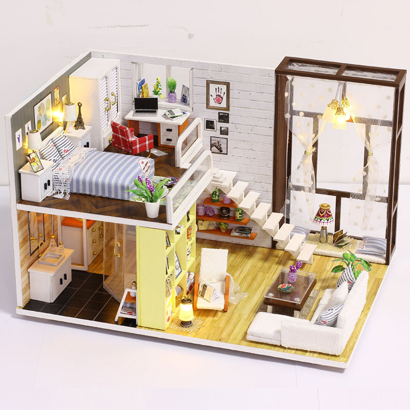 Mô hình nhà DIY Doll House Contracted City Kèm Đèn LED và Mica chống bụi