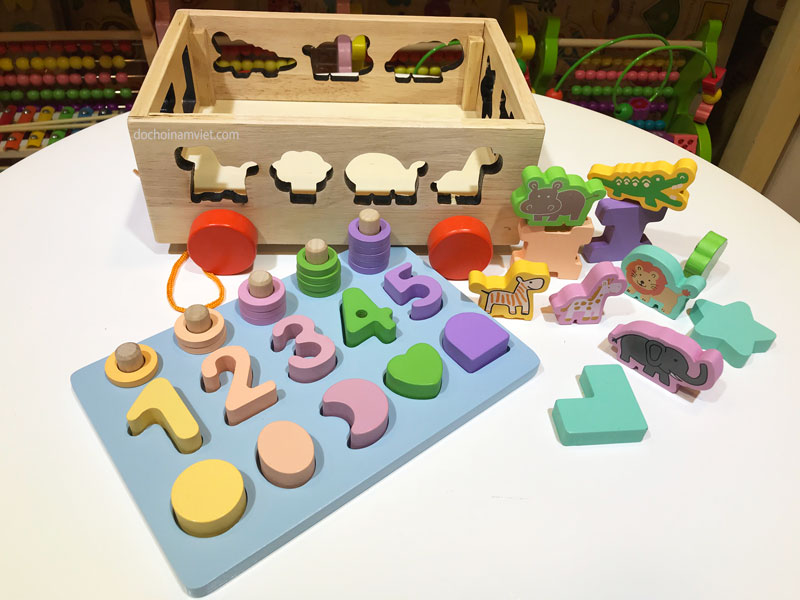 Xe kéo ô tô thả hình khối, con vật, học số và tập đếm xâu hạt đồ chơi gỗ