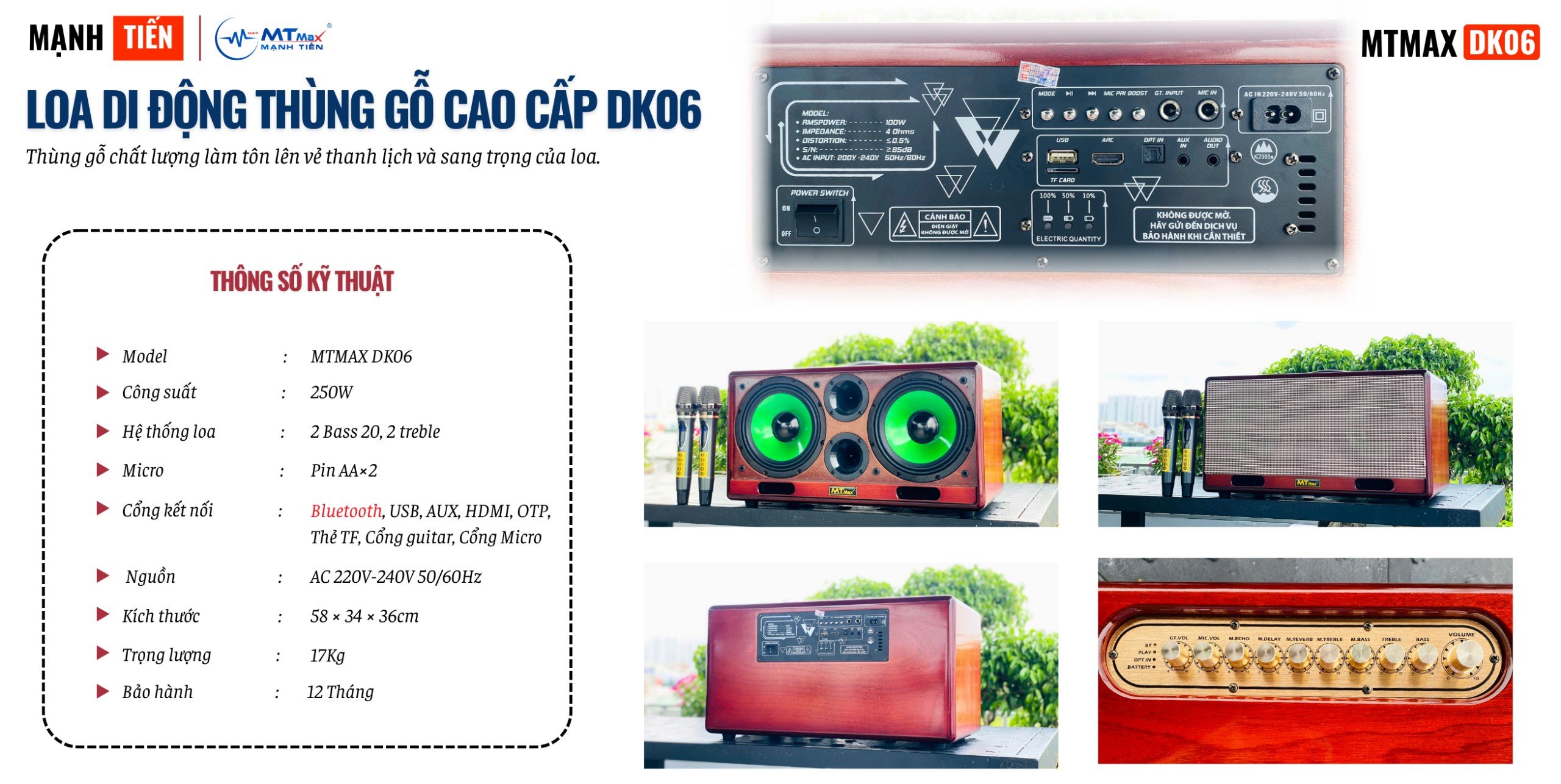 Loa Di Động Thùng Gỗ Sang Trọng Cao Cấp MTMAX DK06, Trang Bị 2 Bass 20 Và 2 Treble Cho Công Công Suất Mạnh Mẽ, Đầy Đủ Kết Nối Bluetooth, hàng chính hãng