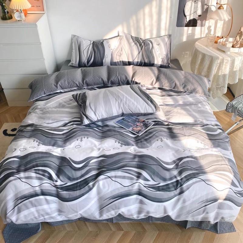 Set Cotton Living Hàng Nhập Khẩu Cao Cấp 4 Món Kẻ Xanh Xám Sóng Nước
