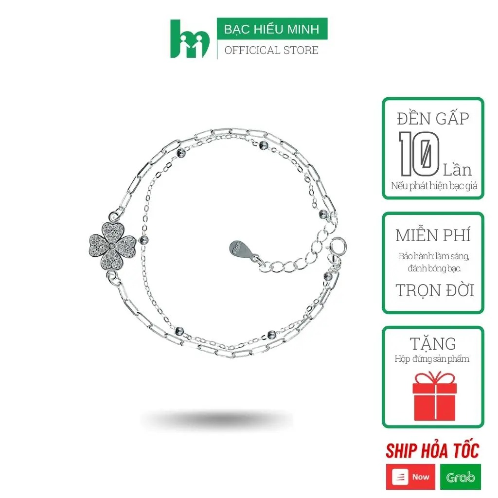 Lắc Tay Nữ Bạc Hiểu Minh LTU508 Cỏ 4 Lá Dây Kép Bi Xích