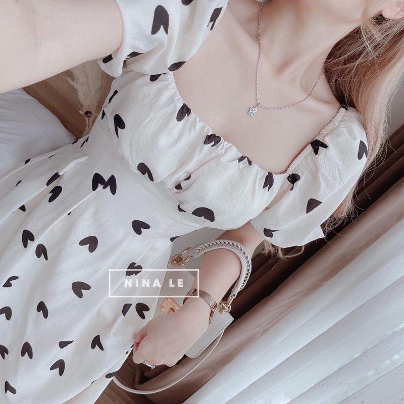 Đầm Nữ Cổ Vuông Họa Tiết Trái Tim Nơ Lưng Cộc Tay Vải Đũi Lụa Q112