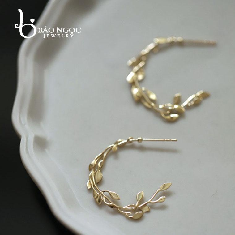 Bông Tai Bạc S925 Hình Nhành Lá Mạ Vàng 14k Độc Đáo - B2820 - Bảo Ngọc Jewelry