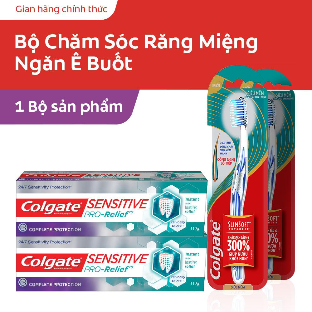 Bộ 2 kem đánh răng Colgate Sensitive giảm ê buốt &amp; bảo vệ toàn diện 110g và 2 bàn chải đánh răng Colgate SlimSoft Advanced siêu mềm mảnh (Màu ngẫu nhiên)