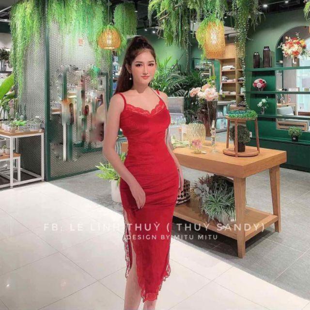 Đầm maxi 2 dây nhung viền ren