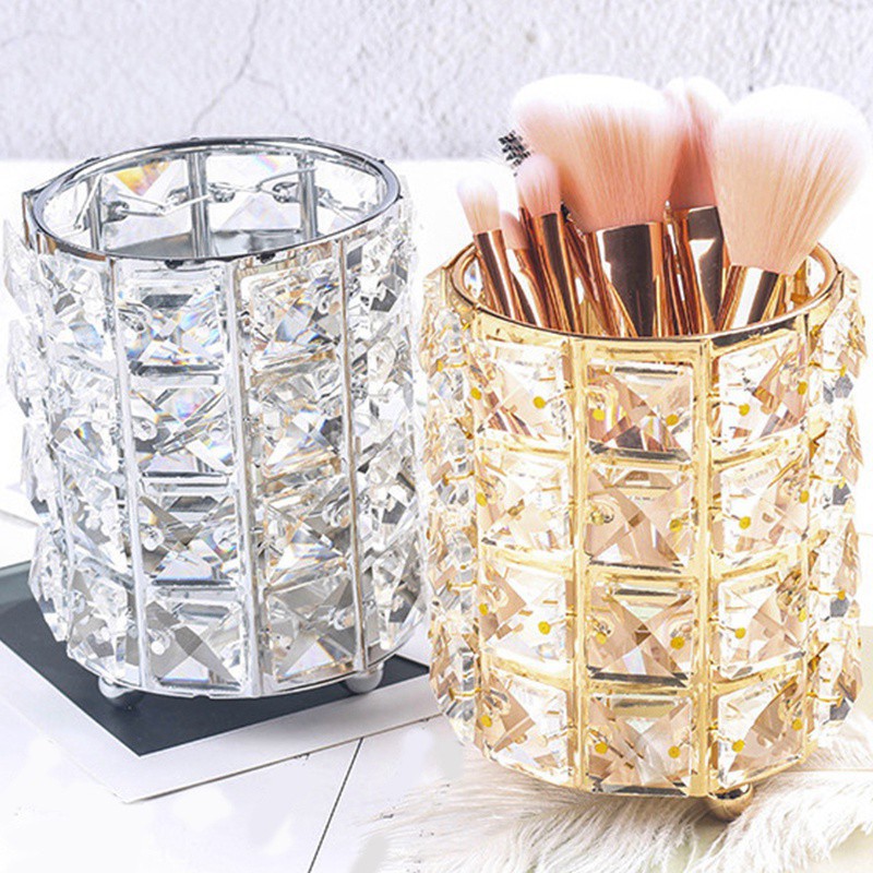 Cốc đựng cọ trang điểm khung kim loại đính đá độc đáo sang trọng - Ống đựng cọ, đồ dùng make up đính đá kim cương để bàn hiện đại sang xịn