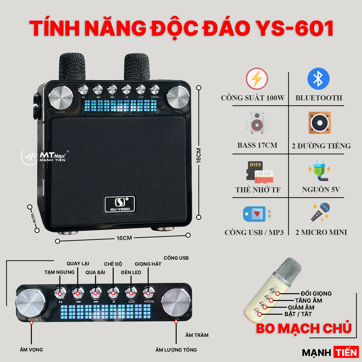 Loa Bluetooth Mini YS-601, Công Suất 35W, Nhỏ Gọn, Âm Thanh Cực Hay, Bass Căng, Đi Kèm 2 Micro Karaoke Thay Đổi Giọng Nói, Bảo Hành 6 Tháng Hàng Chính Hãng