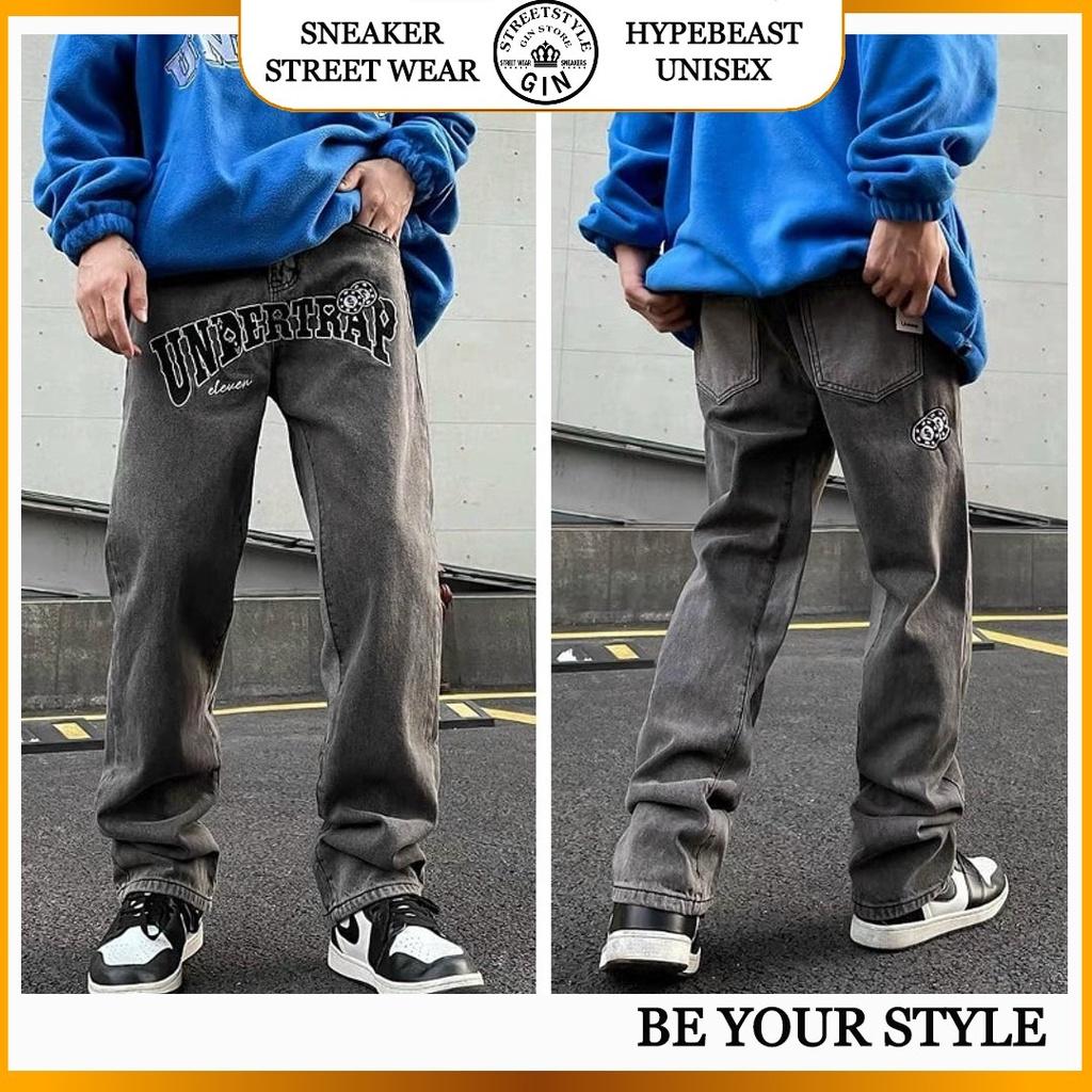 Quần Jean Nam Baggy Ống Suông Dáng Rộng In Họa Tiết UNDER TRAP Vải Jeans Bò Cao Cấp Hàn Quốc - Gin Store