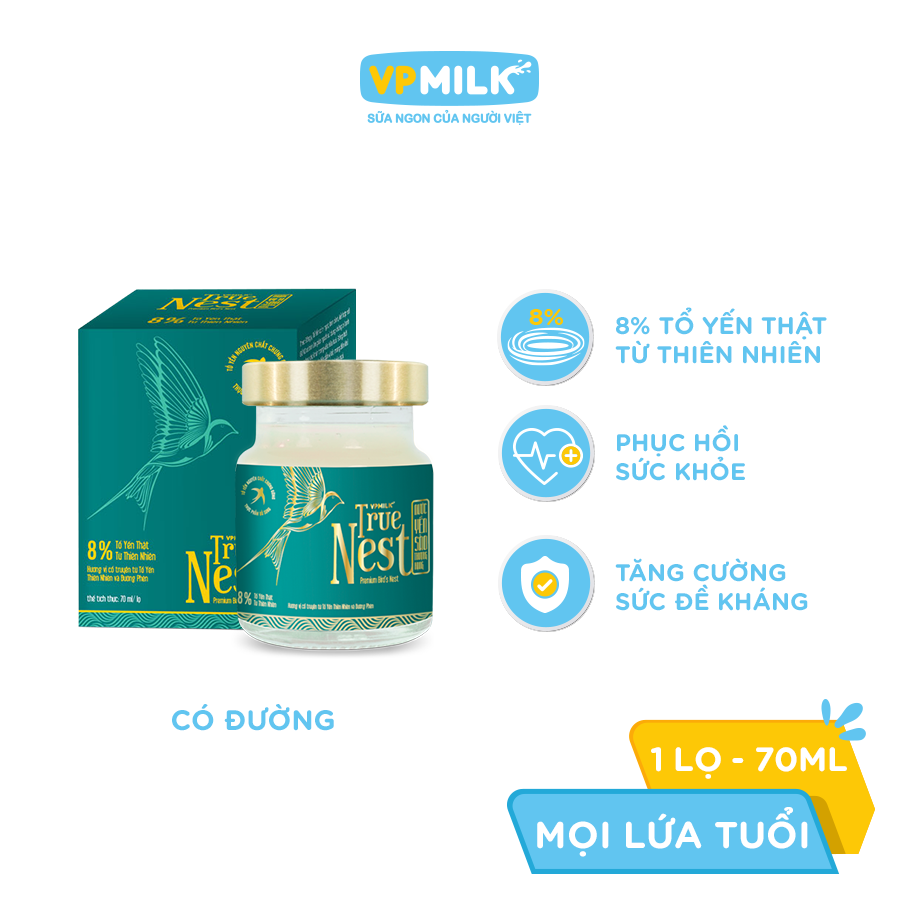 Tổ Yến Nguyên Chất Chưng Gừng VPMilk True Nest - Có Đường (hộp 1 lọ x 70 ml)