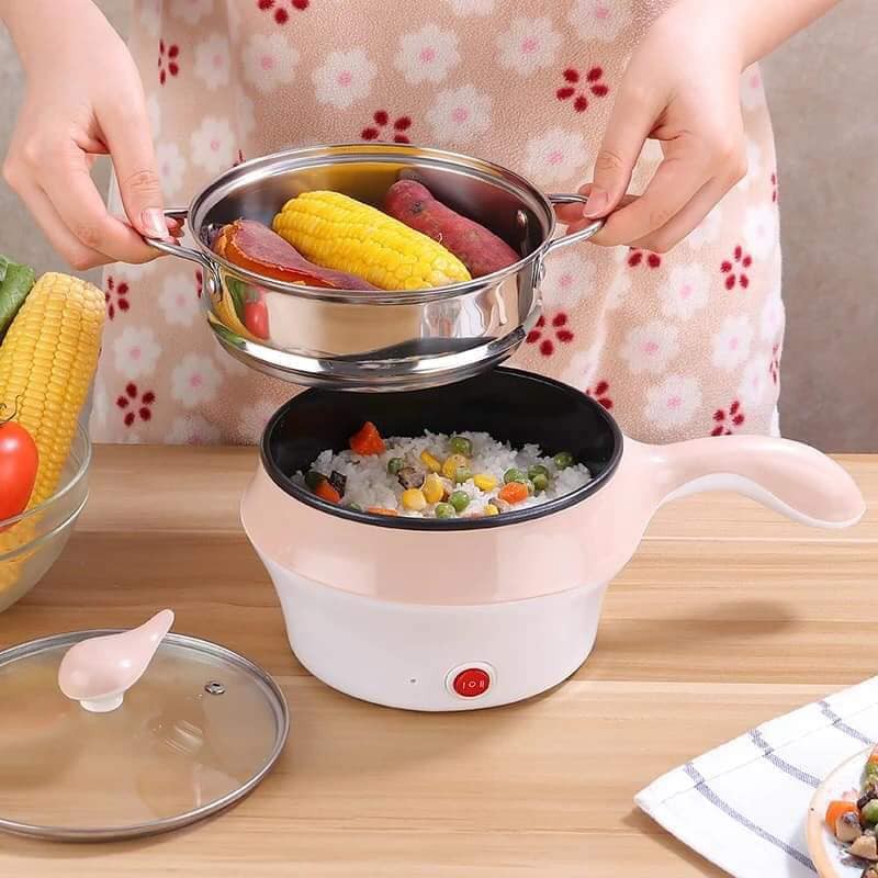 Nồi lẩu mini  kèm vỉ hấp dễ dàng nấu các món chiên, xào, rán, luộc, hấp,...- Ca nấu mỳ 2 tầng nắp trong quan sát được bên trong có quai cầm chống nóng thông minh