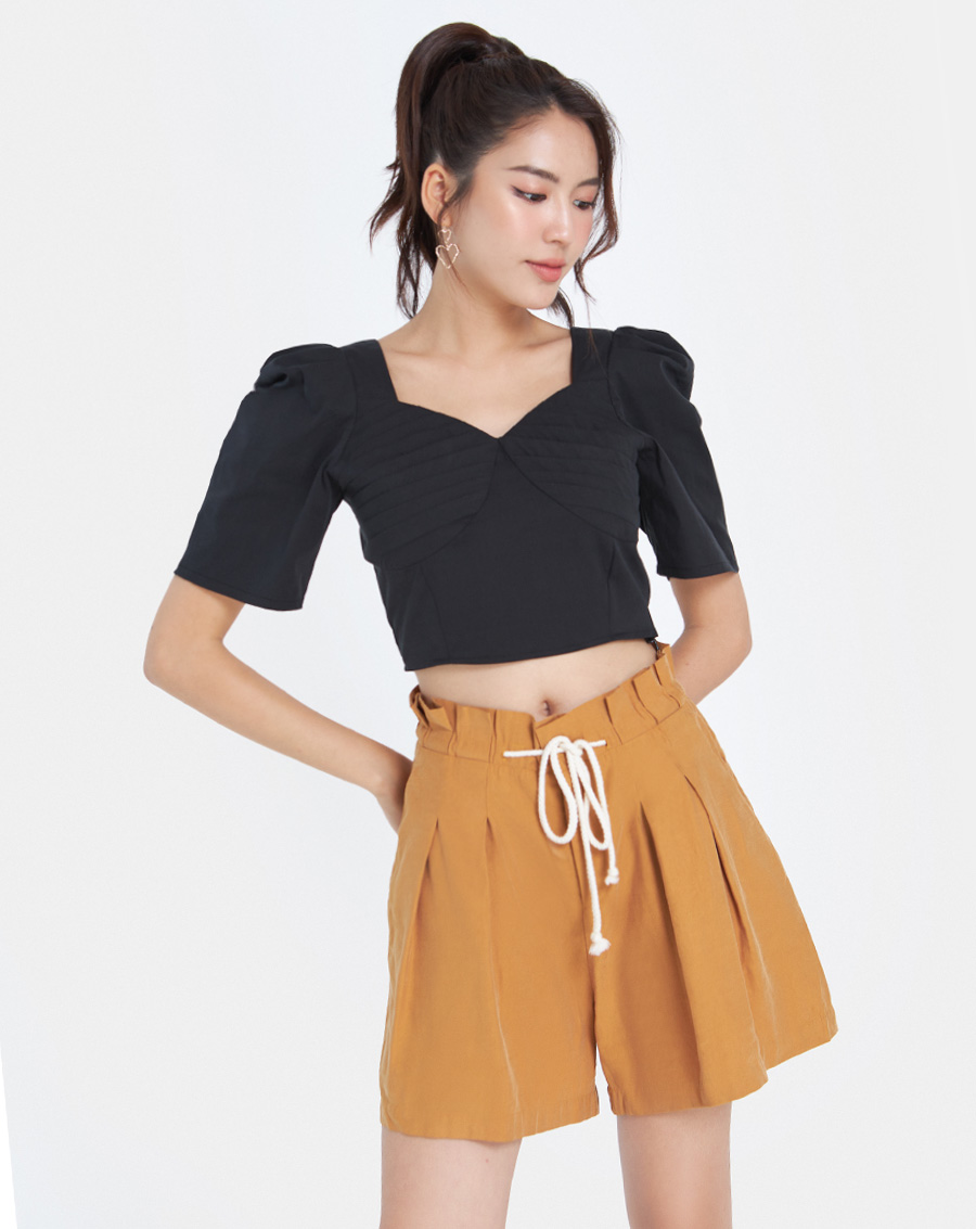 Áo Kiểu Thời Trang JUNO Croptop Tay Phồng Xếp Ly Ngực JNAKI010