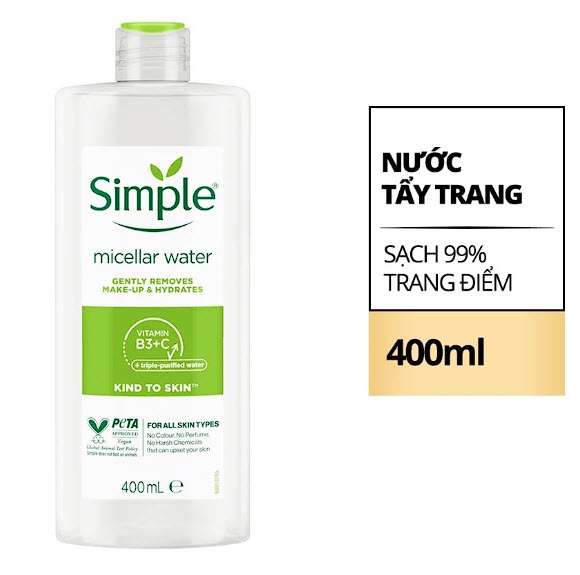 Nước tẩy trang Simple Micellar làm sạch trang điểm vượt trội - không chứa cồn gây khô rát 400ml [CHÍNH HÃNG ĐỘC QUYỀN]