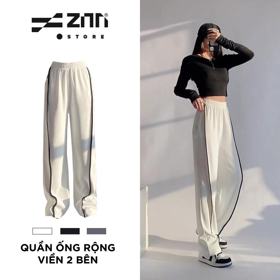 Quần Ống Rộng Nữ ZInti Cạp Chun Cao Kẻ Sọc 2 Bên Chất Poly Hai Da Màu Trắng QD36